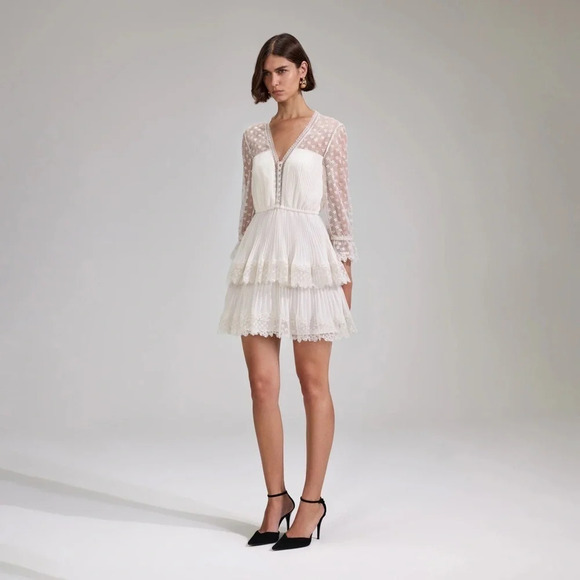 NEW Self-Portrait Chiffon Lace Tiered Mini Dress White Ivory | size UK 8 / US 4 - Picture 2 of 16